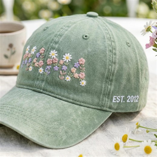 Embroidered Custom Floral Mama Hat, Personalized Light Green Fall Floral Hat, Mama Flower Hat, Gift for Mom Hat - Etsy