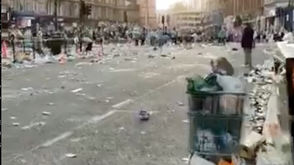Broken glass and litter strewn roads after Celtic fans’ title party celebration