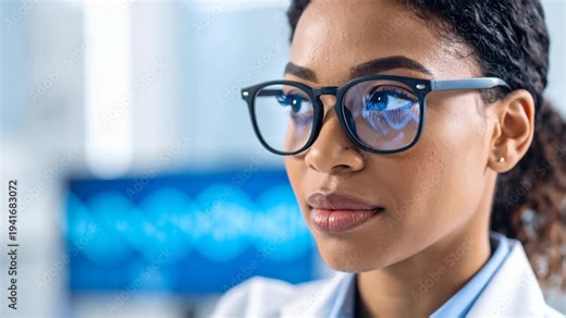 Professional African American female scientist wearing glasses with DNA sequence reflection in a high tech laboratory