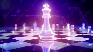 A high-tech AI-powered chessboard with glowing pieces moving autonomously in a strategic game simulation