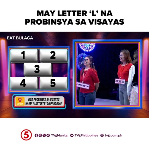 Dabarkads, Gimme 5 muna tayo! Anong probinsya sa Visayas ang may letrang L? #EatBulagaTV5 #TVJonTV5 WEEKDAYS | 12NN SATURDAYS | 11:30AM #HaponChampionTV5 | TV5