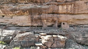 Aerial ancient Indian cliff dwellings southern Utah. Montezuma Canyon southern Utah. Ancient native American, Indian dwelling, kiva, house, cliff dwelling, granary, rock art, hieroglyphs.