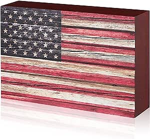 Sintuff Memorial Day Wooden American Flag Box Sign Patriotic 4th of July 250th Anniversary Veterans Day Table Decor Freestanding Vintage Wood Plaque for Tiered Tray Office Desk Shelf