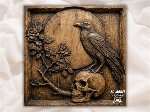 Raven Skull Moon 3D Relief STL | Gothic Wall Art CNC Router File | Rose & Crow Hand Carved Scan Wood Grain Panel | 3D Print Laser Engrave - Etsy