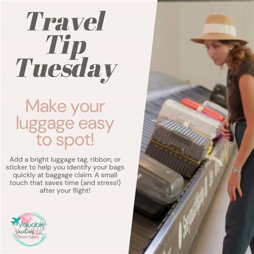 ✈️ Travel Tip Tuesday! Make your luggage easy to spot! Add a bright luggage tag, ribbon, or sticker to help you identify your bags quickly at baggage claim. A small touch that saves time (and stress!) after your flight! 🌍💼 Schedule your vacation consultation with us today: valuablevacations.com/about | Valuable Vacations LLC