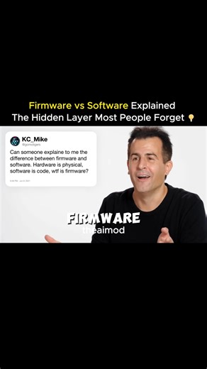 The AI Mod on Instagram: "Ever wondered what the heck firmware actually is? 🤔 Harvard CS professor David J. Malan breaks it down perfectly: Firmware is software built into your hardware. It’s the bridge between your hardware (physical) and software (code) — And it’s often what makes your phone, laptop, or even your fridge actually work. 💡 Think of it like this: * Software → Apps you install or delete * Hardware → The physical device * Firmware → The invisible brain that connects the two If you