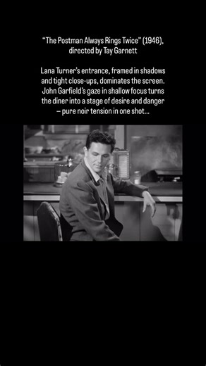 132 reactions · 6 comments | “The Postman Always Rings Twice” (1946), directed by Tay Garnett Lana Turner’s entrance, framed in shadows and tight close-ups, dominates the screen. John Garfield’s gaze in shallow focus turns the diner into a stage of desire and danger — pure noir tension in one shot… | History of Cinema | Facebook