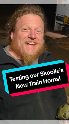 Testing our train air horns after completing the skoolie air system. We installed the horns and a CRS compact reel system air hose reel, buttoned everything up, and built air pressure again. The valve isn’t wired yet, so I had to climb under the bus to manually trigger the air horn. Worth it. These things are LOUD. | Kyle David Morgan