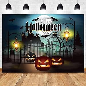 7x5FT Polyester Fiber Happy Halloween Backdrop Horror Castle Night Sky Moon Pumpkin Lantern Photoshoot Full Moon Halloween Children's Party Haunted House Decoration Photography Background