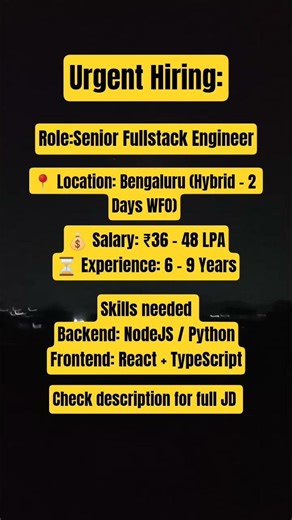 High Paying Tech Job 💸 Bengaluru Hiring Fullstack Engineers (Kafka, TS, Python) #techjobsindia