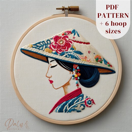 Asian Hand Embroidery PDF Pattern, Vietnamese Woman With Conical Hat Design, Digital Download - Etsy