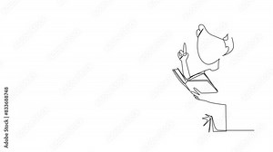 Self drawing animation of continuous line drawing boy standing reading book. Gesture gets the idea. Books can see from different points of view. Brilliant idea from reading book. Full length animated