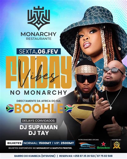Dia 6 de Fevereiro o Monarchy vai ferver🔥 No palco, a energia contagiante da dona do sucesso “Shela” – Boohle E nas misturas, a comandar a pista a noite toda: @djtaymoz e @djsupamanmusic #Monarchy #Boolhe #Shela #Vibes #NoiteQuente