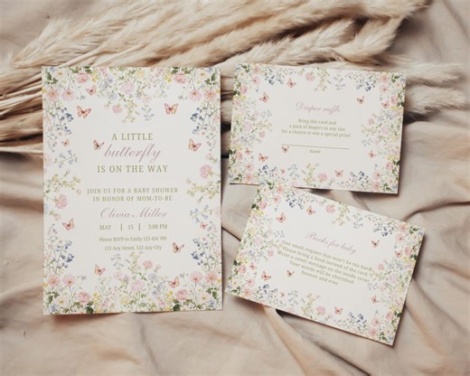 Editable Wildflower Baby Shower Invitation Set | Butterfly Theme | Canva Template | Printable Invite, Diaper Raffle & Book Request Cards - Etsy