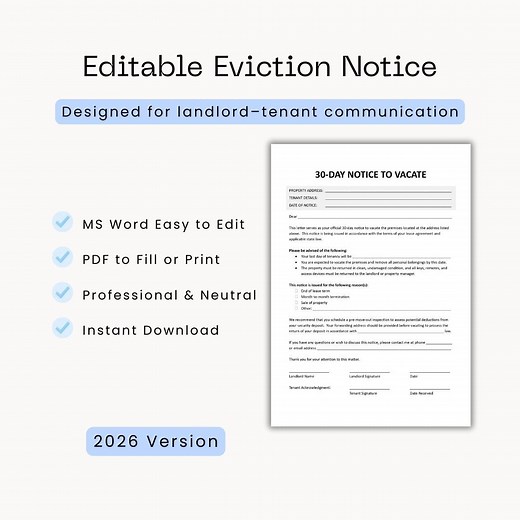 30-day Notice to Vacate – MS Word Editable Landlord Template - Etsy