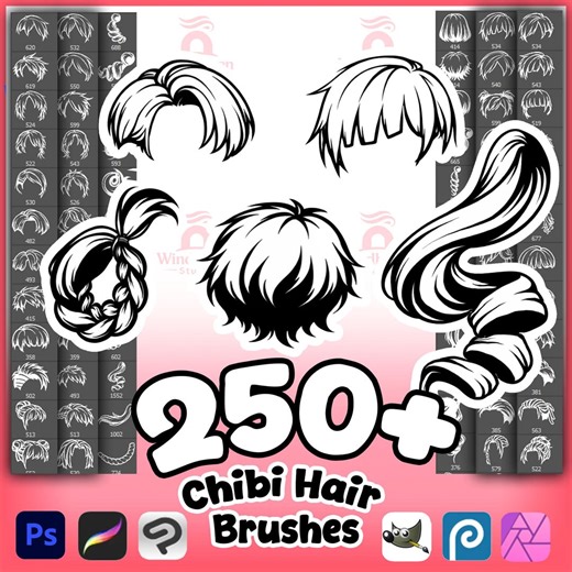 250  Chibi Hair Brush Pack | Anime Hair Brushes, Procreate Stamps, Cute Kawaii Bangs, Manga Pieces, Photoshop Character Creator Digital Kit - Etsy