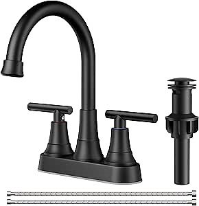 FORIOUS Matte Black Bathroom Faucets, 4 Inch Centerset Bathroom Sink Faucet 2 or 3 Hole with Pop up Drain and cUPC Hose, Two Handles Control, 360° spout for Restroom,Vanity, RV