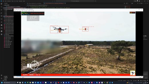 Voici Drone Detector PRO – v4.0 : un système d'IA avancée de détection et d’analyse de drones Avec HUD et export des données en .Pdf automatisé. Développement d’un système complet de détection et de suivi de drones à partir de flux vidéo, intégrant : 1. Détection temps réel par IA • Modèle YOLO personnalisé (fine-tuning) • Suivi multi-objets avec ByteTrack • Filtrage intelligent (élimination des faux positifs, oiseaux, etc.) 2. Estimation précise de la distance • Calcul basé sur les largeurs rée