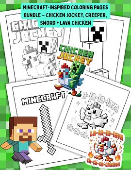 Minecraft-Inspired Coloring Pages – 30-Page Bundle: Creeper, Chicken Jockey, Lav