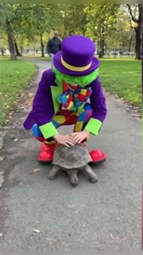 Clown turns a turtle into a taxi — fake trick failed big time! #PurpleClown #FunnyTurtle #ClownTrickFail #ComedyVibes #AnimalLaughs #ReelFun #EpicFail | FunFact Blast
