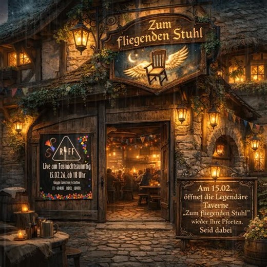Guggenmusik Rettestej e.V. on Instagram: "📜Höret, ihr Edlen, Narren und feierndes Volk! 📜 Am Tage des 15. (15.02.) öffnet die ehrwürdige GuggenTaverne „Zum fliegenden Stuhl“ erneut ihre knarrenden Pforten! 🍻 Auf dass kein Magen leer noch Kehle trocken bleibe, reiche man euch Gyrostaschen gar herzhaft oder Falafeltaschen für die Freunde pflanzlicher Kost 🥙 Wenn die Glocke zur 18. Stunde schlägt, so werden die Barden von @riff_rock_cover ihre Saiten erklingen lassen und Tanz, Frohsinn & ausgel