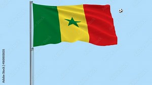 Realistic fluttering flag of Senegal and soccer ball flying around on a transparent background, 3d rendering, PNG format with Alpha channel transparency