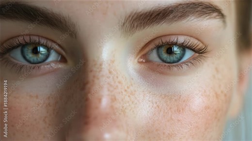 A detailed showing the facial features of a young female with prominent blue eyes, speckled freckles on her cheeks, and fine hair on her eyelashes.