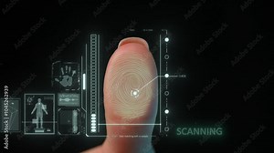 Woman thumb finger touching glass screen panel and activating holographic safety interface, identity scanner scanning fingerprint showing access approved