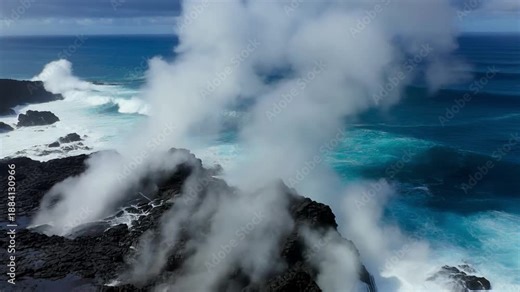 Hyper-realistic 8K Nature: Molten lava flowing into ocean with massive steam explosion and cinematic drone perspective