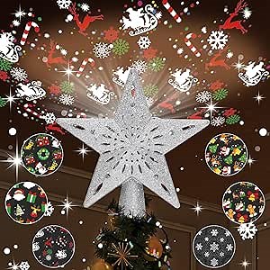 Christmas Tree Topper Lighted with 6 Pattern Projection Patterns, Christmas Star Tree Topper Built-in LED Rotating Lights, 3D Glitter Dynamic Projection for Christmas Tree Decor(Sliver)