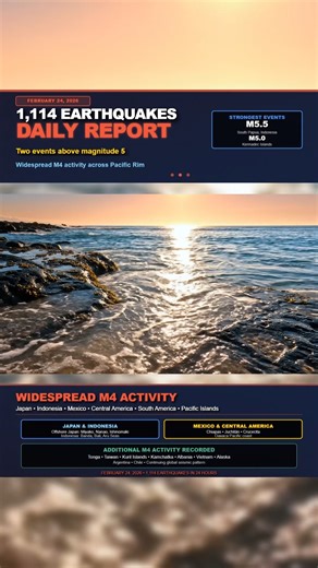 🌍 Daily Earthquake Report | Feb 24, 2026 🌍 1,114 earthquakes were recorded worldwide in the past 24 hours, including two above magnitude 5. The strongest was a M5.5 in South Papua, Indonesia, followed by a M5.0 in the Kermadec Islands region. Magnitude 4 activity remained active across Japan, Taiwan, Tonga, Indonesia, Mexico, Alaska, and South America, continuing the global pattern seen throughout the week. If anything major happens overnight, we will be first to report. #EarthquakeReport #Ear