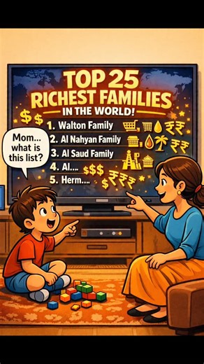 The Little Bulletin on Instagram: "Mom what is this list? 👩 Mom: This is the list of the top 25 richest families in the world. 👦 Son: Families? Not people? 👩 Mom: Yes. Remember, Elon Musk is the richest person, with a net worth of over $600 billion. But this list is not for individuals — it’s for families. 👦 Son: Wait… what does net worth mean? 👩 Mom: Think of it simply. If I ask how rich you are, I won’t count only the cash you have. I’ll also count: Your toys Your LEGO Anything you own th