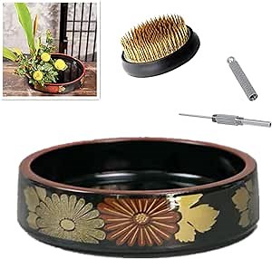 Japanese Flower Frog Ikebana Vase Kit 6 inch Ceramics Ikebana Bowl Flower Container with 40mm Floral Frog and 2-in-1 Kenzan Corrector Tool