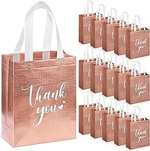 Sweetude 30 Pcs Thank You Gift Bags with Handles, Reusable Non Woven Foldable Goodie Bags Bulk for Graduation Teacher Appreciation Wedding Bridesmaid Favors(10 x 8 x 4 Inch,Rose Gold)