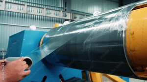 Production of metal tiles. Finished metal elements are wrapped in film on a special technological machine for export. Production at the metal construction factory.