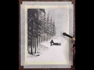 Realistic Snowy Cabin Drawing | Charcoal Winter Landscape Tutorial