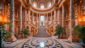 Walking in a magnificent baroque palace hall with renaissance and baroque architectural elements