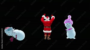 Merry christmas and happy new year, 3d rendering, Snowman, santa claus Dancing, Animation 3D, cartoon,Included in the end of the clip with Luma matte.