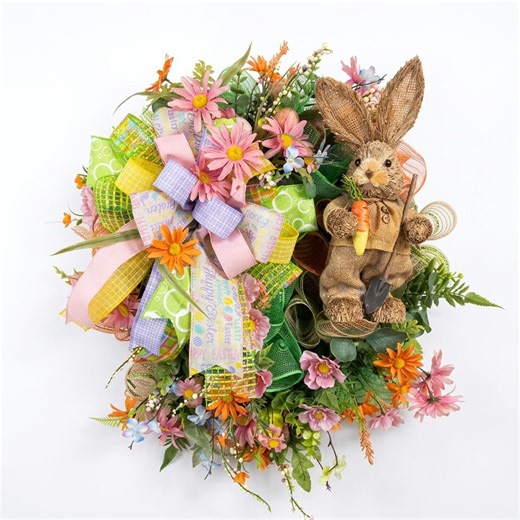 Burlap Bunny Easter Wreath for Front Door – Whimsical Spring Deco Mesh Wreath With Pink Daisies, Carrots & Bow - Etsy