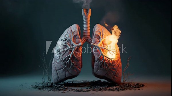 Powerful animation of damaged lungs engulfed in flames, perfect for health campaigns and anti-smoking ads, a stark visualization of respiratory illness