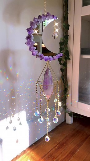 So excited to reveal this Amethyst Crystal Moon Mirror Sun Catcher I finished this morning!!💕✨ #fyp #suncatcher #witchtok #suncatchers