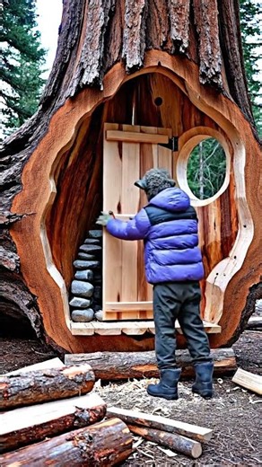 Tiny Alien Builds Cozy Tree Cabin with Wood Stove