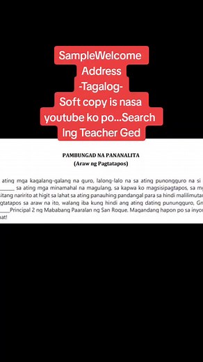 welcome address tagalog #graduation speech Get the soft copy in my youtube account---Teacher Ged