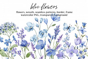 Blue flowers watercolor PNG clipart., a Decorative Illustration by Larisa Maslova