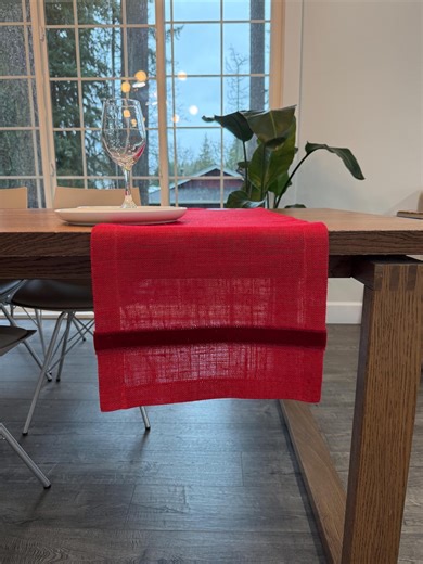 Red Burlap Table Runner, Velvet Band, Rustic Farmhouse Decor - Etsy