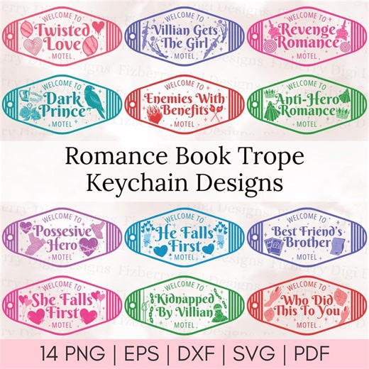 Romance Book Trope Motel Keychain SVG Designs Bundle (svg, Png, Dxf, Eps, Pdf), Digital Download - Etsy