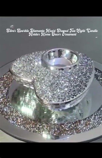 Silver Sparkle Diamante Heart Shaped Tea Light Candle Holder Home Decor Ornament