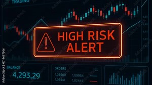 A digital display showing a high risk alert in trading, with fluctuating graphs and numerical data indicating market volatility.