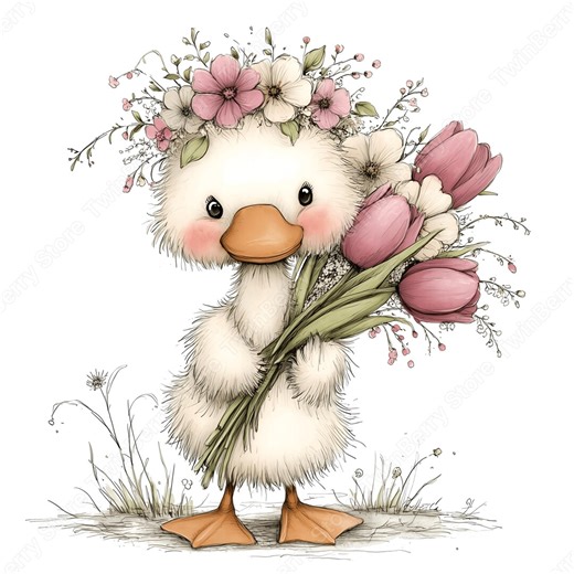 Spring Goose PNG, 26 Whimsical Clipart With Flower Crowns and Bouquets for Mothers Day - Etsy