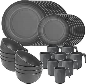 shopwithgreen Plastic Plates and Bowls Sets -32 PCS Dinnerware Dishes Set for 8, Reusable Unbreakable Plate Set - Dishwasher Microwave Safe Dinner Plates Bowls, Cups Mugs for Kitchen, Camping, Dorm